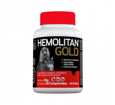 Suplemento Hemolitan Gold vetnil para Cães e Gatos - 30 comprimidos