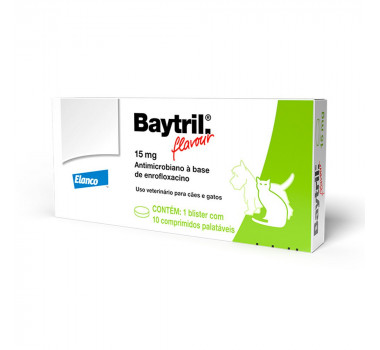 Antibiótico Baytril Flavour 15mg Elanco para Cães e Gatos - 10 Comprimidos