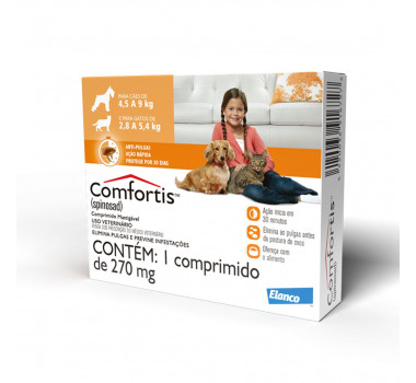 Antipulgas Comfortis Spinosad 270mg Elanco para Cães 4,5Kg a 9Kg e para Gatos 2,8Kg a 5,4Kg - 1 Comprimido