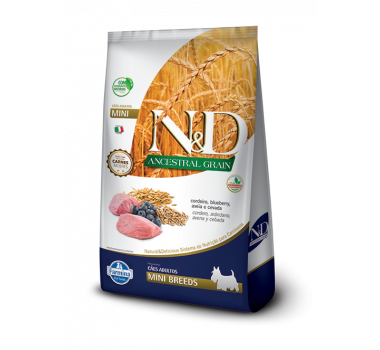 Ração Seca N&D Ancestral Grain Adult Mini Breeds Cordeiro e Blueberry Farmina para Cães Adultos Raças Pequenas - 10,1Kg