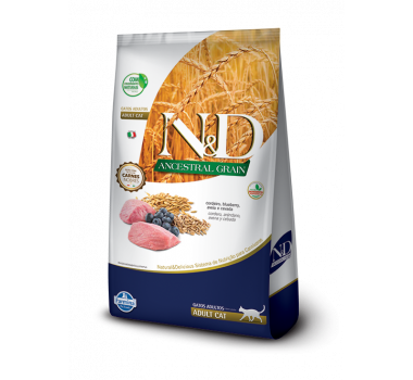 Ração Seca N&D Ancestral Grain Adult Cordeiro e Blueberry Farmina para Gatos Adultos - 7,5Kg