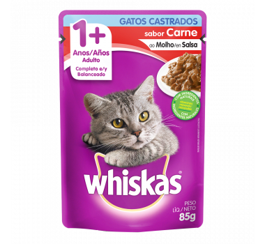 Ração Úmida Sachê Whiskas Carne ao Molho para Gatos Adultos Castrados - 85g
