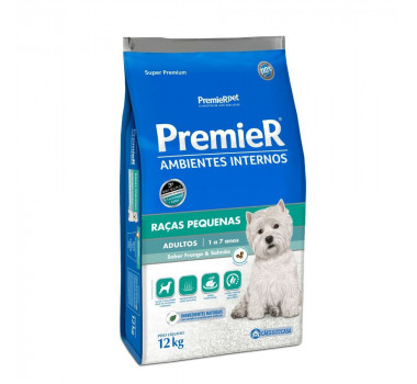 Ração Seca Premier Ambientes Internos Frango e Salmão para Cães Adultos Porte Pequeno - 12Kg