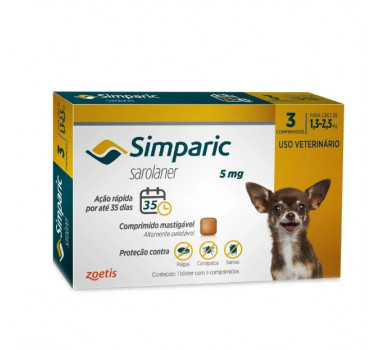 Antipulgas e Carrapatos Simparic 5mg Zoetis para Cães de 1,3Kg a 2,5Kg - 3 Comprimidos