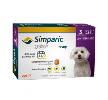 Antipulgas e Carrapatos Simparic 10mg para Cães de 2,6Kg a 5Kg - 3 Comprimidos