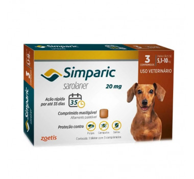 Antipulgas e Carrapatos Simparic 20mg Zoetis para Cães de 5,1Kg a 10Kg - 3 Comprimidos