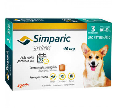 Antipulgas e Carrapatos Simparic 40mg Zoetis para Cães de 10,1Kg a 20Kg - 3 Comprimidos