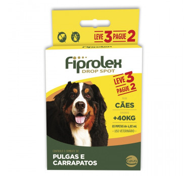 Kit Antipulgas e Carrapatos Fiprolex Drop Spot Ceva para Cães acima de 40Kg - 3 pipetas
