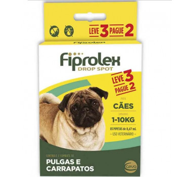 Kit Antipulgas e Carrapatos Fiprolex Drop Spot Ceva para Cães com até 10Kg - 3 pipetas