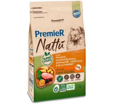 Ração Seca Premier Nattu Frango Mandioquinha, Espinafre, Cúrcuma & Blackberry para Cães Adultos Porte Pequeno - 2,5Kg