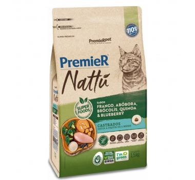 Ração Seca Premier Nattu Frango, Abóbora, Brócolis, Quinoa & Blueberry para Gatos Castrados - 7,5kg