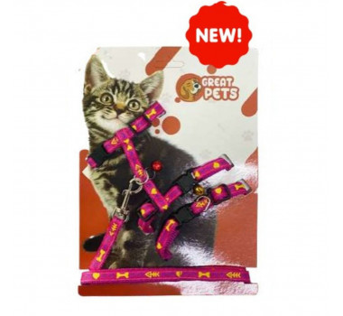 Kit Peitoral + Coleira e Guia Great Pets para Gatos - Rosa