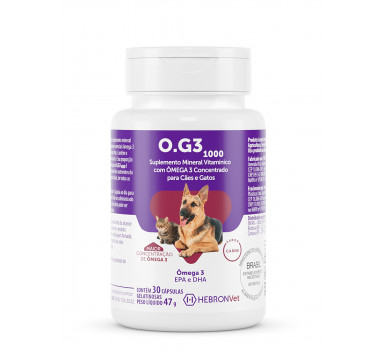 Suplemento MIneral Vitamínico Ômega 3 O.G3 1000 Hebron Vet para Cães e Gatos - 30 cápsulas