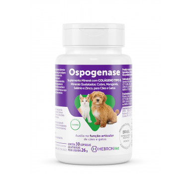 Suplemento Mineral Ospogenase com Colageno tipo 2-para Hebron Vet Cães e Gatos - 30 cápsulas