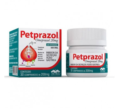 Inibidor de Secreção Ácido-Gástrica Petprazol Vetnil 20mg para Cães e Gatos - 30 comprimidos
