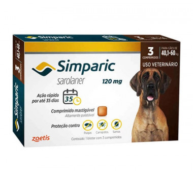 Antipulgas e Carrapatos Simparic 120mg para Cães de 40,1Kg a 60Kg - 3 Comprimidos