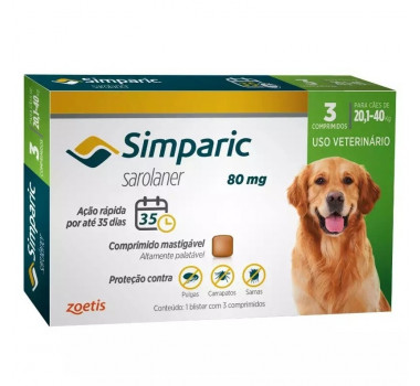Antipulgas e Carrapatos Simparic 80mg Zoetis para Cães de 20,1Kg a 40Kg - 3 Comprimidos