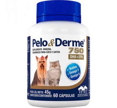 Suplemento Vitamíníco Mineral Pelo e Derme 750 Vetnil para Cães e Gatos - 60 cápsulas